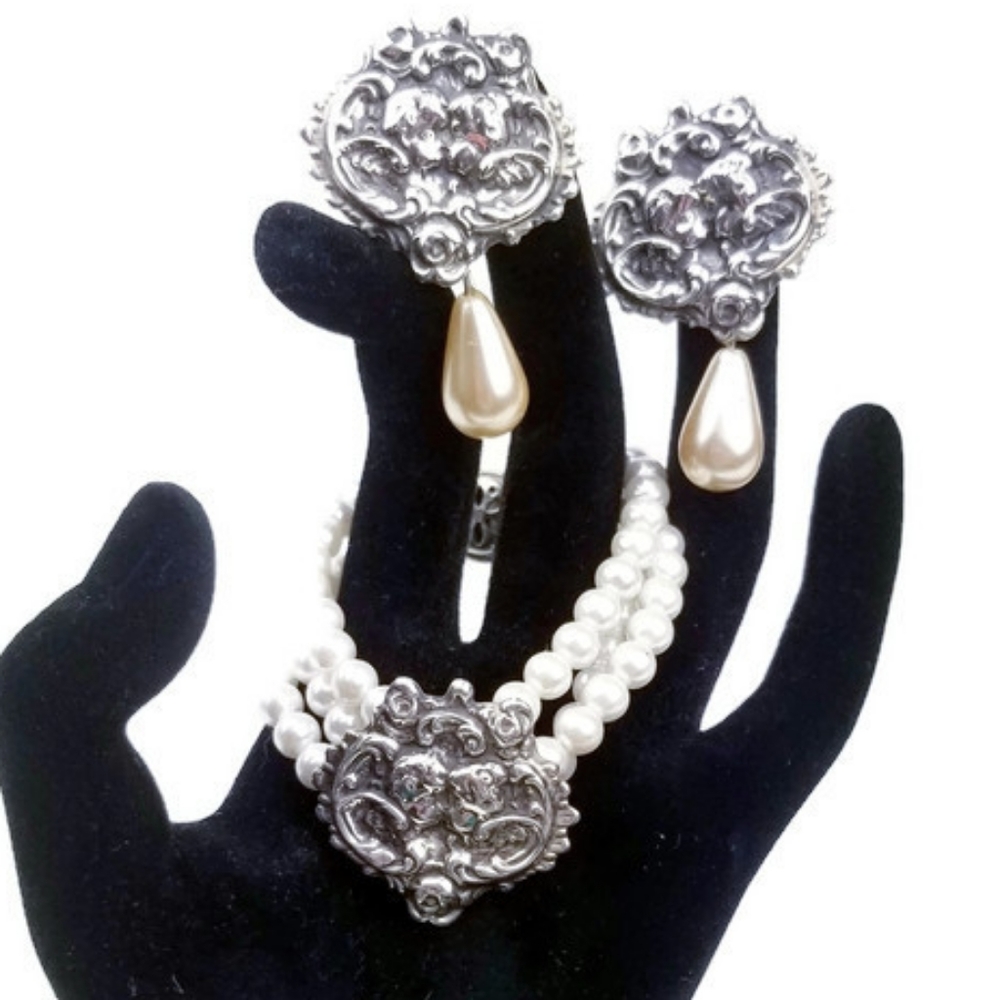 Artisan 925 SS & Faux Pearl Bracelet & Earrings